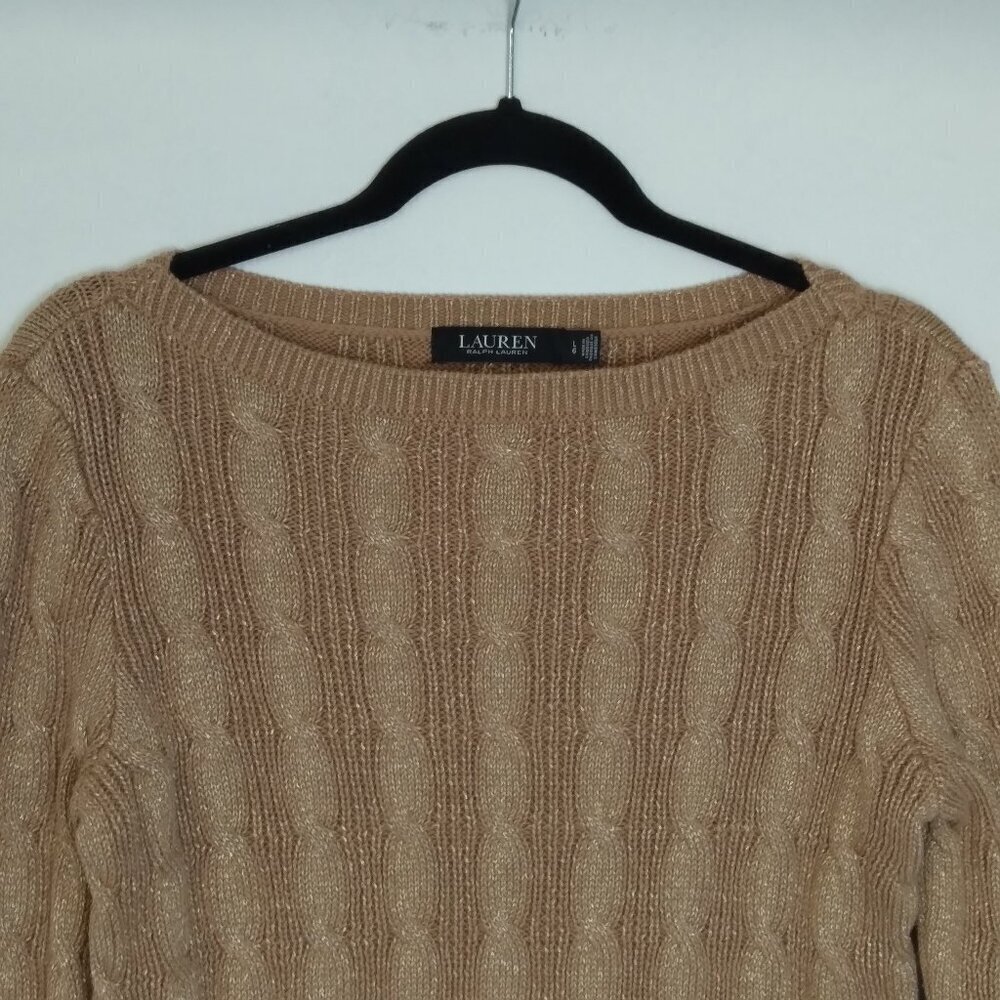 Metallic Gold 90% Woven in Cotton Cable Knit Boatneck Pullover Sweater Sz Lg - Picture 3 of 9